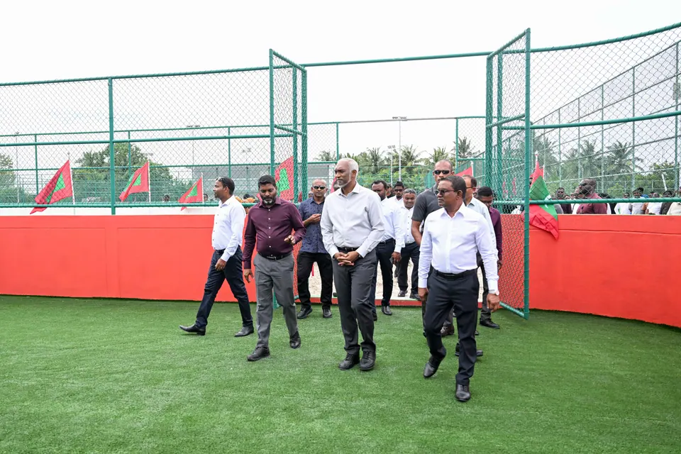 President Muizzu walking on the new futsal pitch, 15 Oct 2025