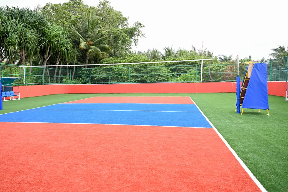 The finished outdoor volleyball court